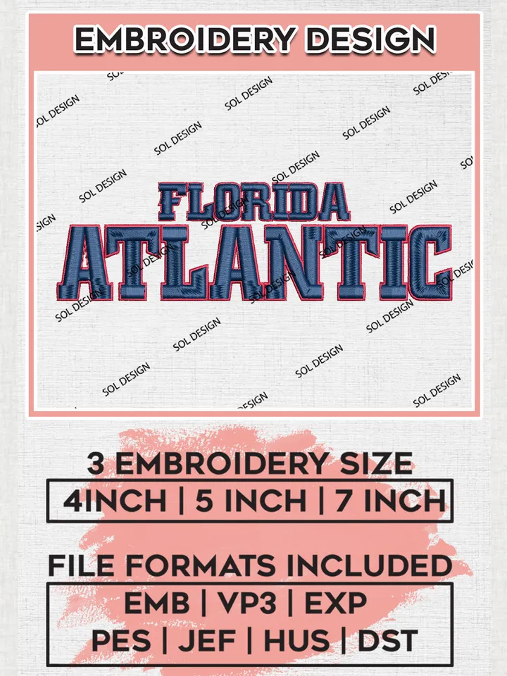 NCAA Florida Atlantic Team Writing Logo Embroidery Design Files, NCAA Florida Atlantic Owls Machine Embroidery, NCAA Teams, 3 sizes, NCAA Machine embroidery designs, Digital Download