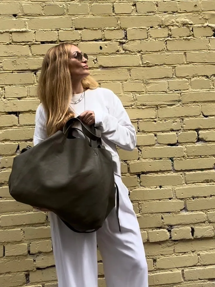 Genuine leather khaki green oversize tote shopper triple handle big bag / everyday purse / handmade bags / designer bags / summer bag /