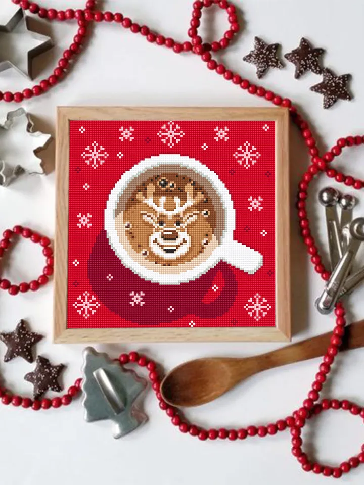 Christmas coffee cross stitch pattern PDF download Christmas cross stitch chart, Cup of latte cappuccino coffee with deer cross stitch #N149