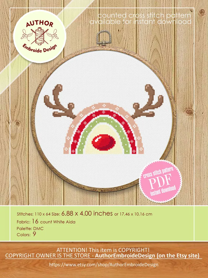 Christmas rainbow reindeer cross stitch pattern PDF download Rainbow cross stitch chart, Christmas pattern digital PDF, Deer antlers #N134