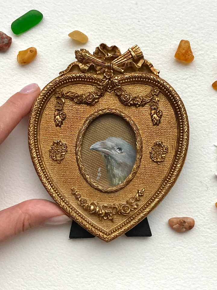 Framed Raven Oil Painting Original Albino Bird Art Dark Cottagecore Art 4x5 Art