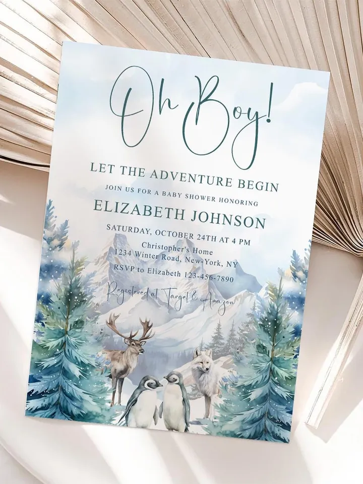 Editable Let the Adventure Begin, Woodland Baby Shower Invitation , Boy Adventure Baby Shower Invite, Forest Baby Shower - i125