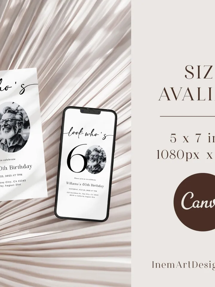 Look Who's 60 Funny Birthday Invitation, 60th Invitation with photo, 60th Birthday Invitation for Men, Simple 60th Invite, Male 60th Invites
