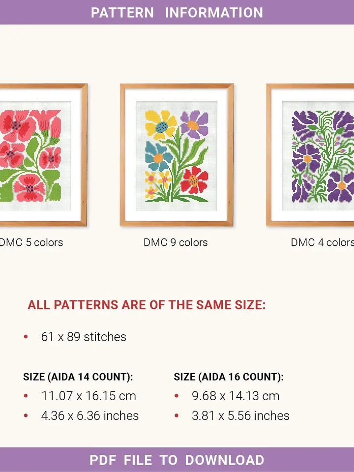 Bundle of 3 mini contemporary Flowers Cross stitch patterns Abstract floral Plant beginner counted modern chart DIY embroidery instant PDF