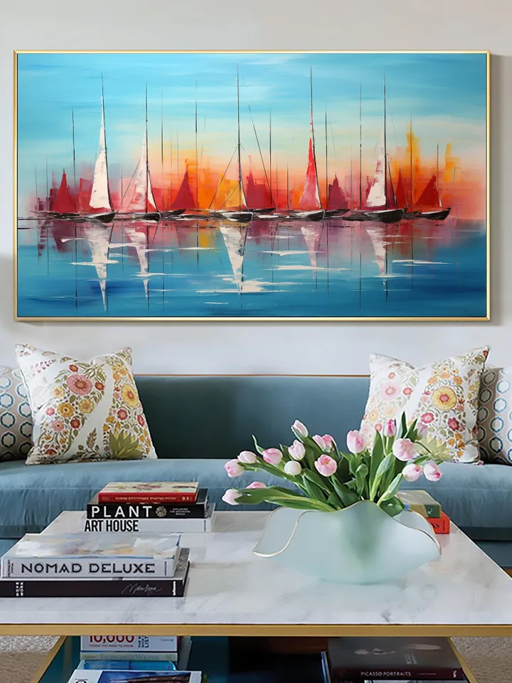 Original Sailboats Painting on Canvas, Large Wall Art, Abstract Colorful Painting, Ocean Art, Living room Wall Decor, Custom Painting