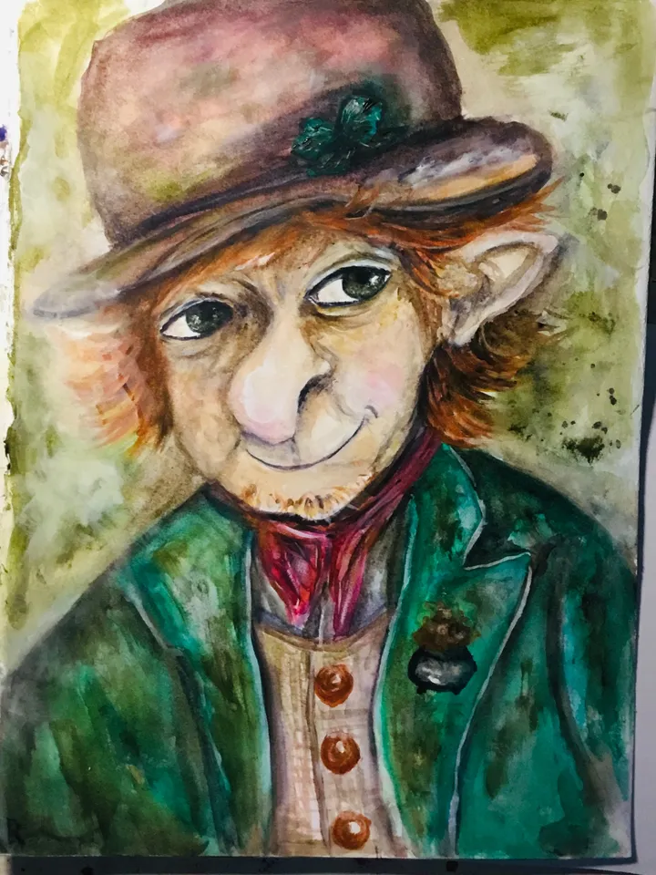 Funny Leprechaun with a pot of gold painting,good luck painting,original watercolour painting wall art,humorous painting,funny portraits.