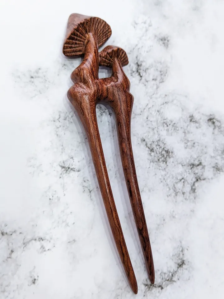 Carved wooden hairpin with mushrooms. Handmade hairpin from African bubinga wood.