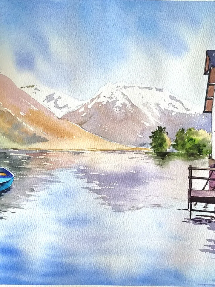 Mountain Lake Painting Lake Landscape Art House on the Lake Artwork Original Watercolor Painting 11.81x15.74 in by SoftWaves