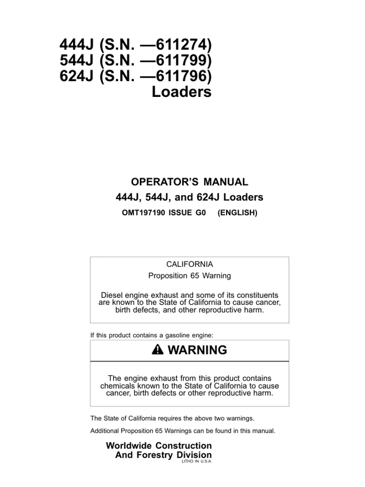 JOHN DEERE 444J 544J 624J LOADER OPERATORS MANUAL