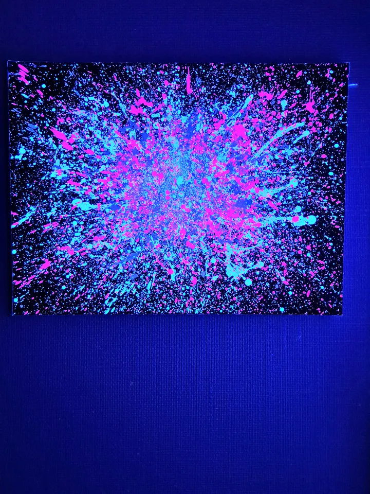 Fluorescent neon painting made with splashes technique "Miami" abstraction, contemporary art