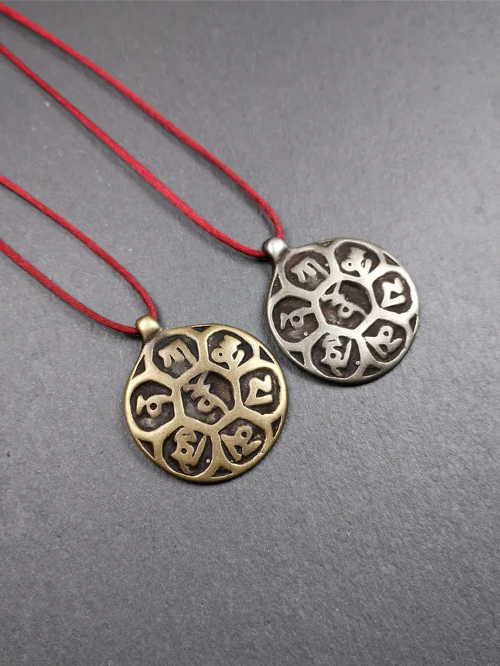 Gandhanra Handmade Tibetan Buddhist Amulet,Om Badge Pendant, Mantra of Om Mani Padme Hum, Made of Brass,1.26"