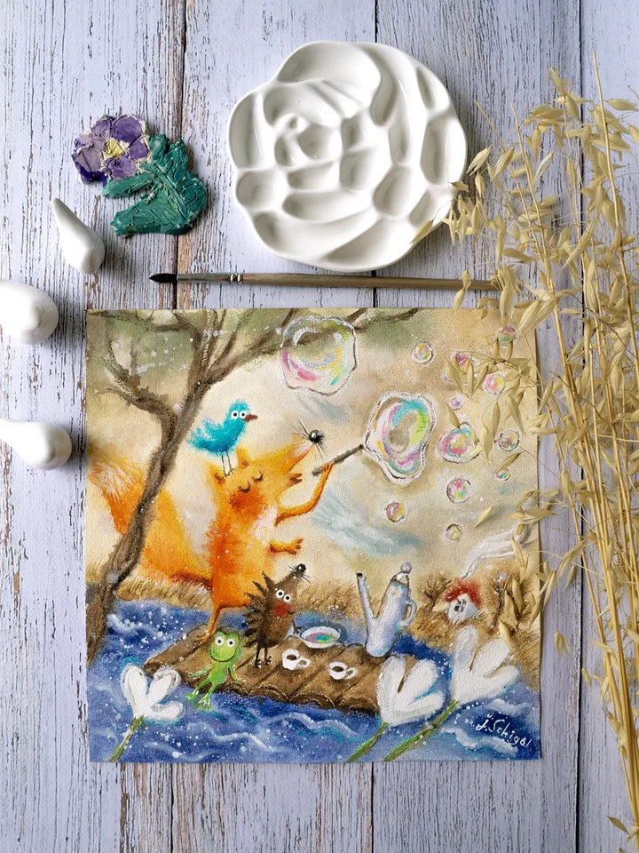 27x27cm Artwork by Julia Schigal "Soap Bubbles" - watercolor, gouache, pastel