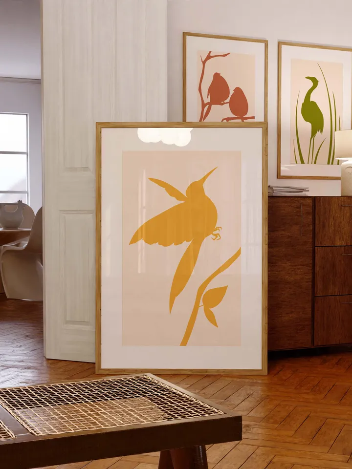 Minimalist Bird Wall Art Boho Bird Poster Abstract Nature Silhouettes Modern Yellow Decor Scandinavian Style Contemporary Bird Digital Art