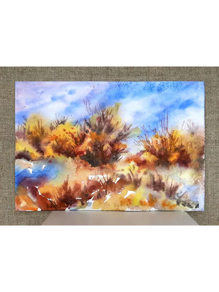 Golden Autumn Bright fall day ORIGINAL Watercolor Painting colorful Small Art Signed by artist Marina Chuchko 5,5x8 inches