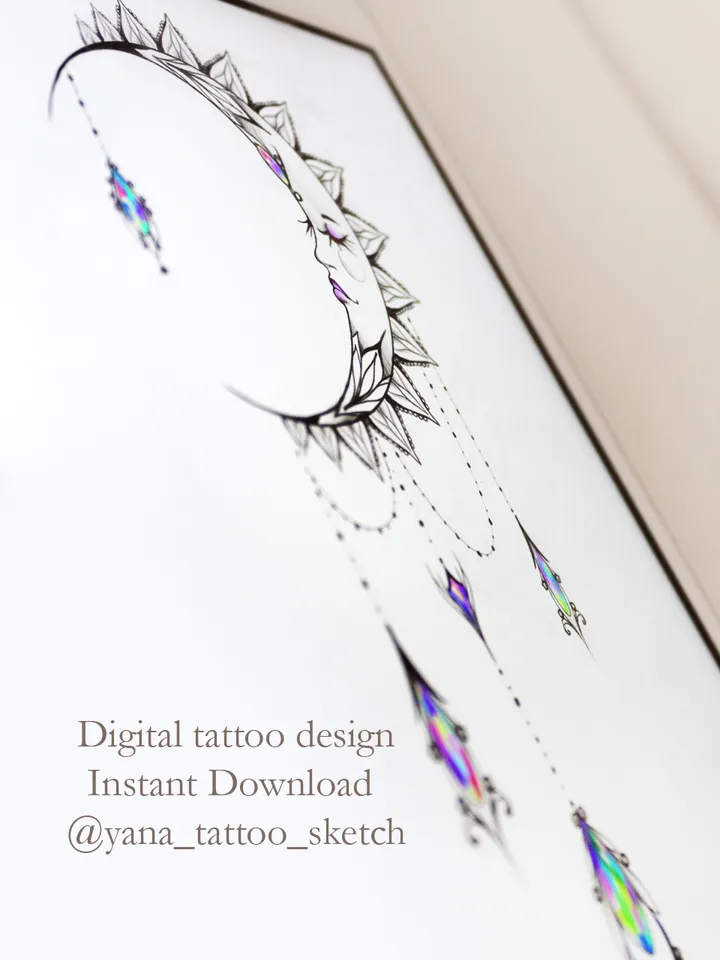Moon Tattoo Design Crescent Moon Tattoo Idea For Females Crescent Moon Face Tattoo Stencil Sketch, Instant download PDF, JPG