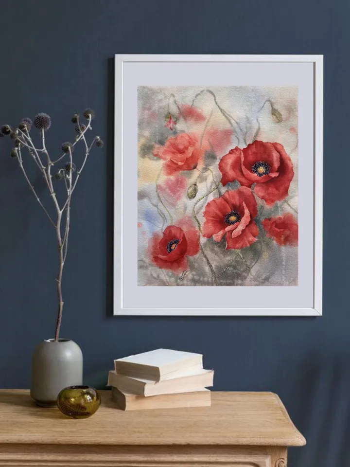 Poppies Painting Flowers Original Painting Wildflowers Watercolor Art Meadow Wall Art