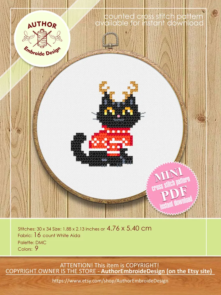 Set Christmas cats cross stitch pattern download PDF, Cute black cat embroidery PDF, Christmas mini cross stitch, Funny home cat decor #N78