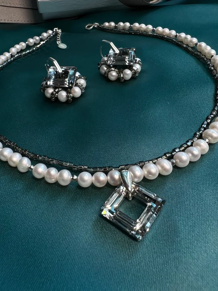 Pearl Silver 925 Jewelry Set Necklace Earrings RHOMBUS