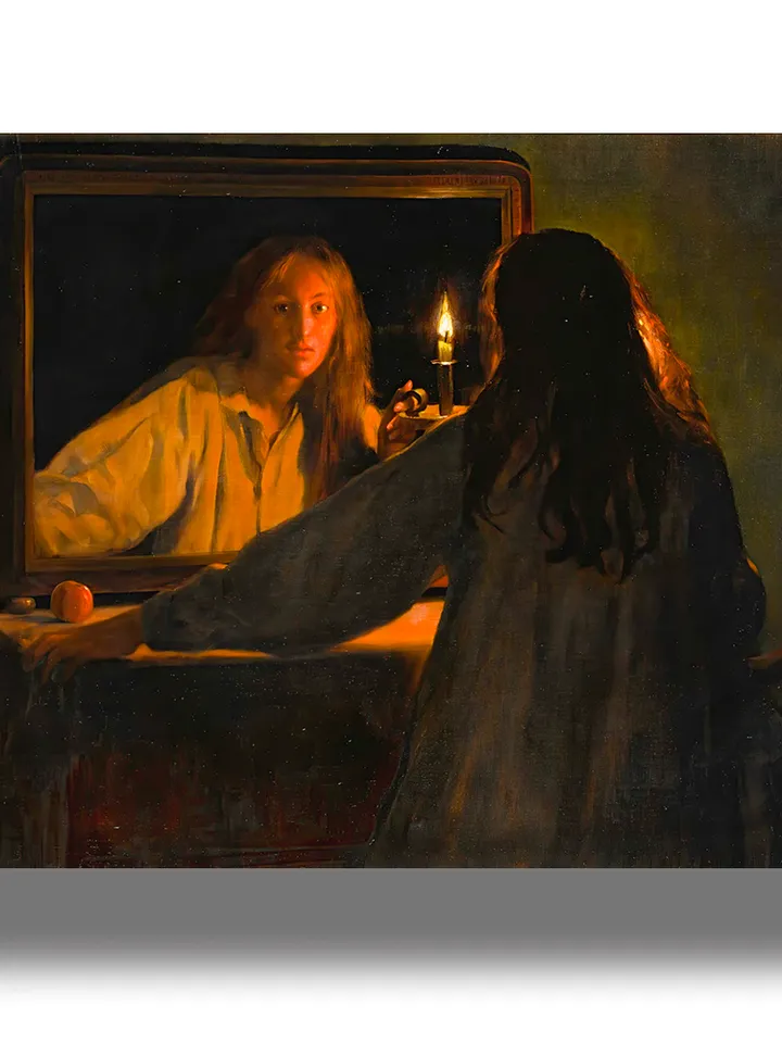 All Halloween. A girl with a candle is divining by the mirror.