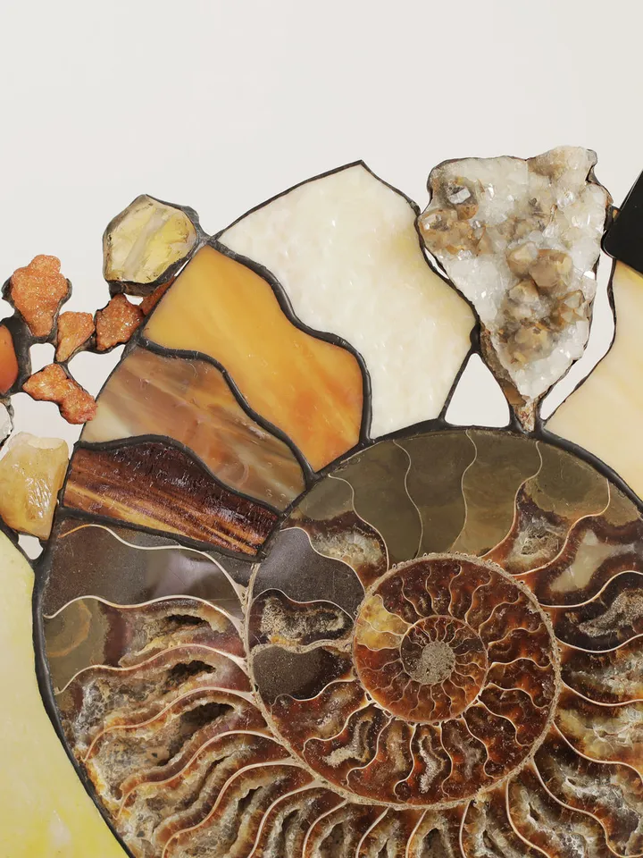 Ammonite with Gemstones on a Large Stand, Tiffany Stained Glass, Ammonite with Gemstones, Tiffany-Style Stained Glass Ammonite, Artistic Ammonite Sculpture, Fossil Art with Crystals, Stained Glass Ammonite on Stand