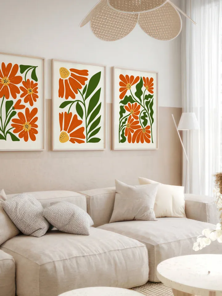 Abstract Flowers Print Set of 3, Boho Style Terracotta Prints, Floral Wall Art, Vintage Art Print, Boho Printable Art, Flower Market Poster