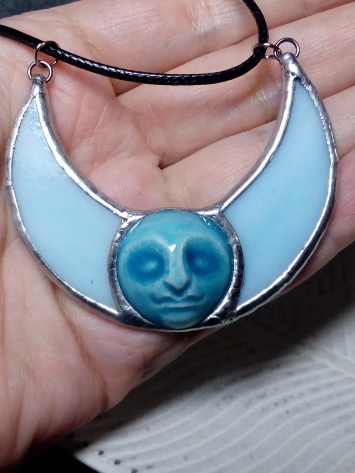 Stained glass blue moon, moon phase necklace, stainglass crescent, full moon pendant, moon face