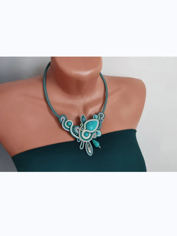 Turquoise statement necklace, Soutache embroidered necklace with natural stone, Blue bib necklace