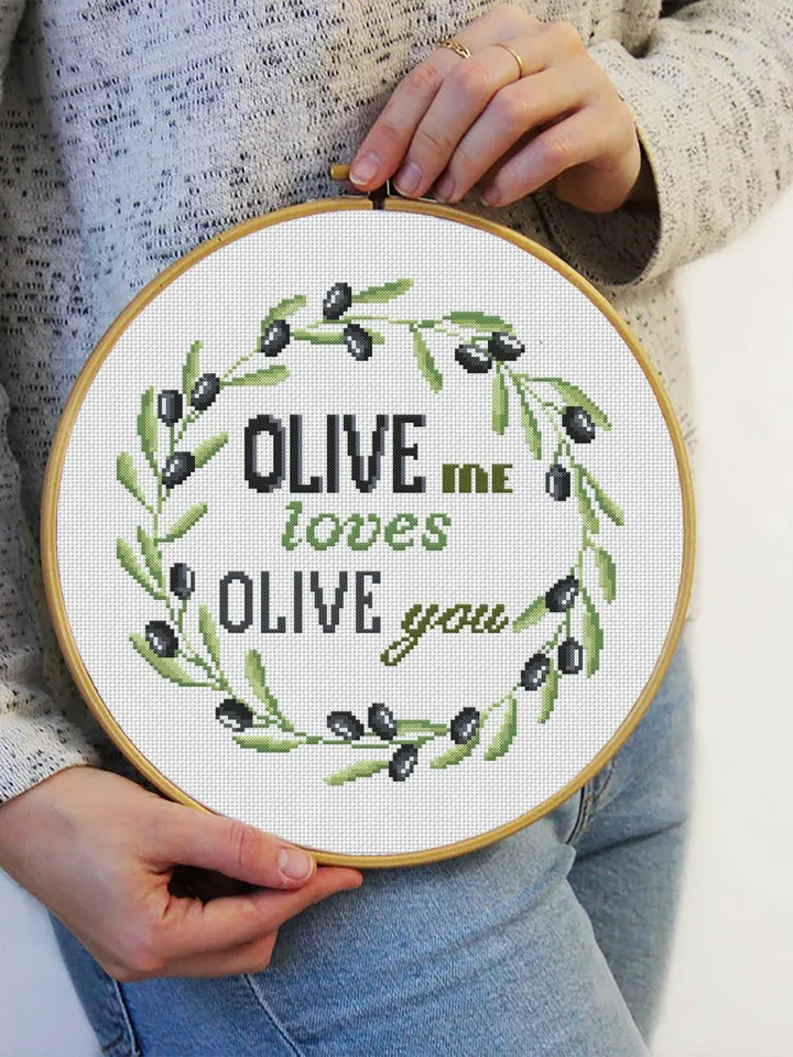 Olive wreath cross stitch pattern digital PDF Floral cross stitch quote OLIVE me loves olive you Easy beginner stitch Olive tree chart #Q22