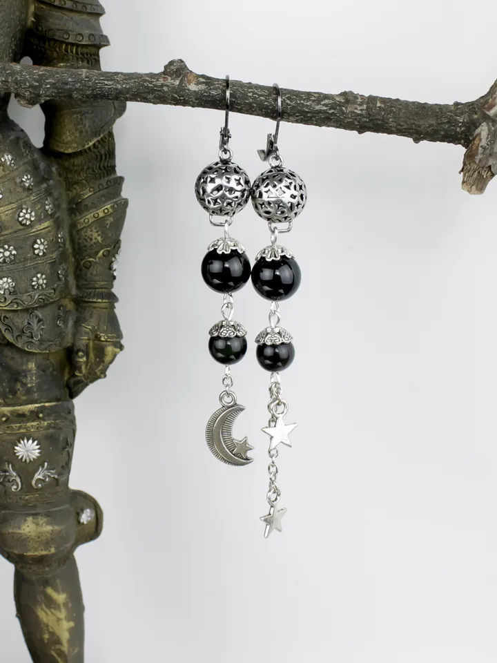 Star and moon necklace and earringsy | Boho Celestial Set | Obsidian Necklace | Vintage Moon Earrings | Unique Gift