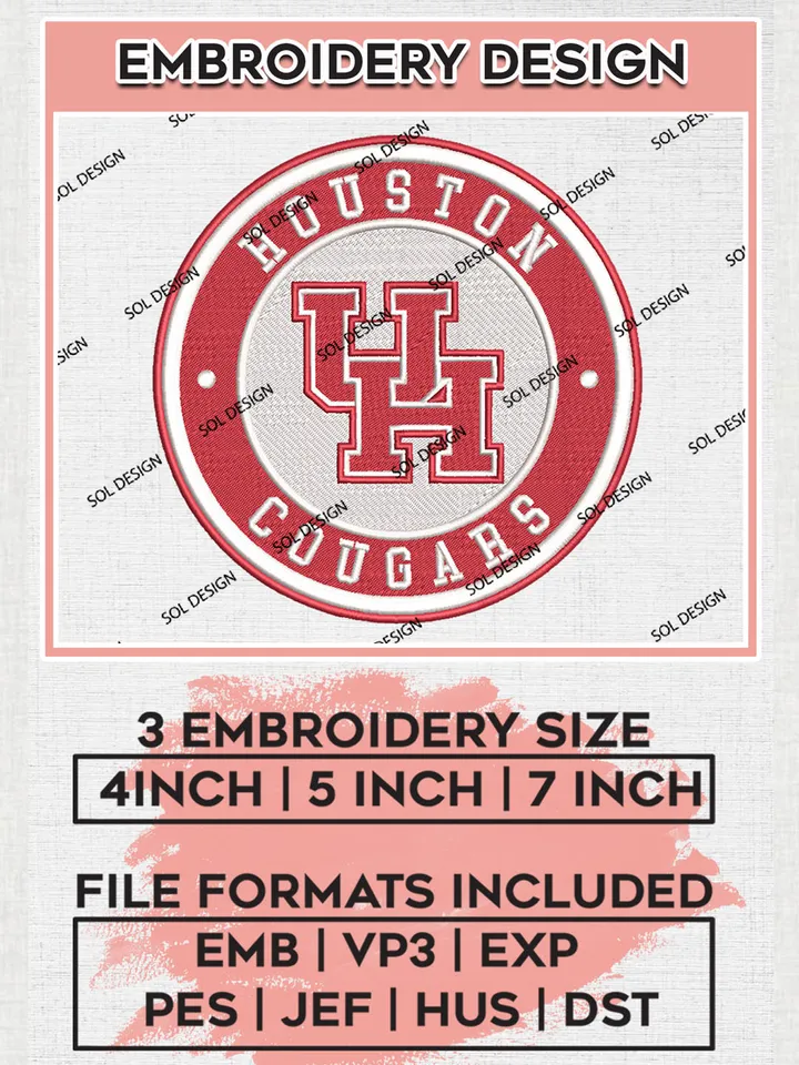 NCAA Houston Cougars Round Logo Embroidery, NCAA Houston Cougars Logo Embroidery files, NCAA Teams, Machine embroidery designs, Digital Download