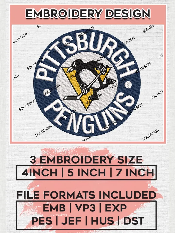 NHL Pittsburgh Penguins Round Logo Embroidery Files, NHL Pittsburgh Penguins Team Embroidery Designs,  NHL Embroidery Designs, NHL Machine Embroidery Designs, Digital Download