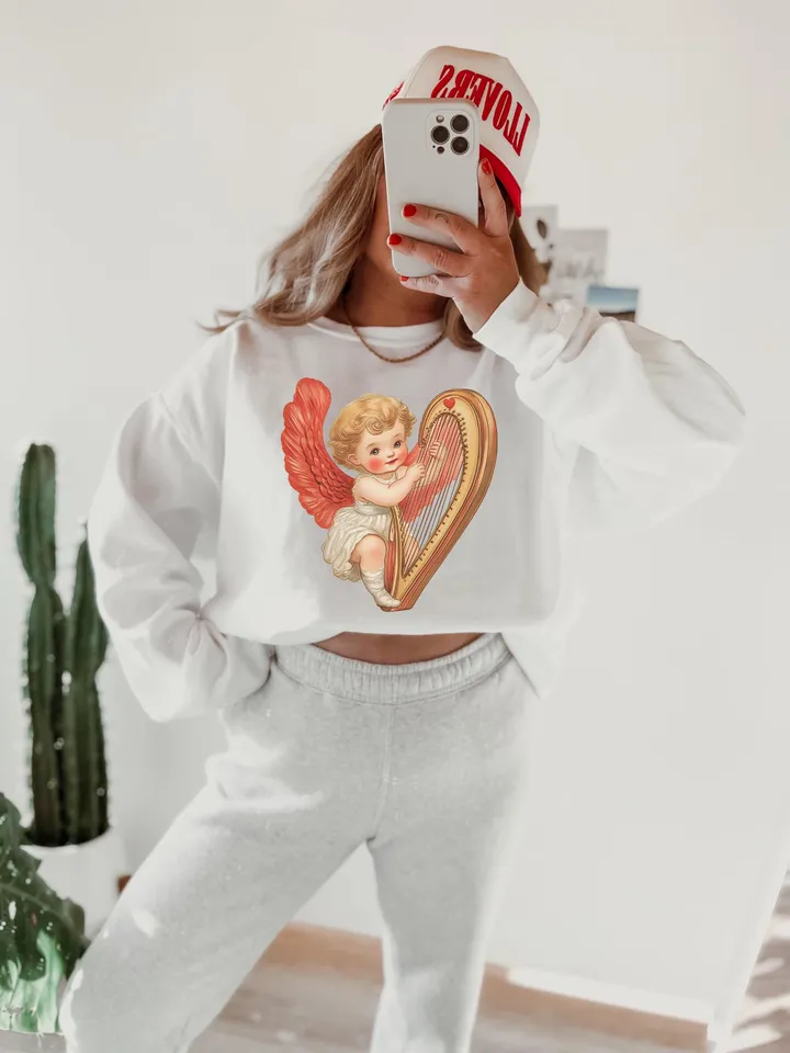 Retro Romantik Cupid Valentines Day PNG, Vintage Valentines Day png, Vintage Cupid With Harp png, Valentines Day png, Cupid png, vday shirt