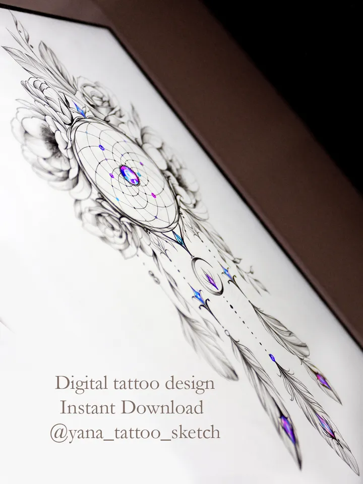 Dreamcatcher Tattoo Design Flower Dreamcatcher Tattoo Stencil Idea Sketch For Females, Instant download PDF, JPG
