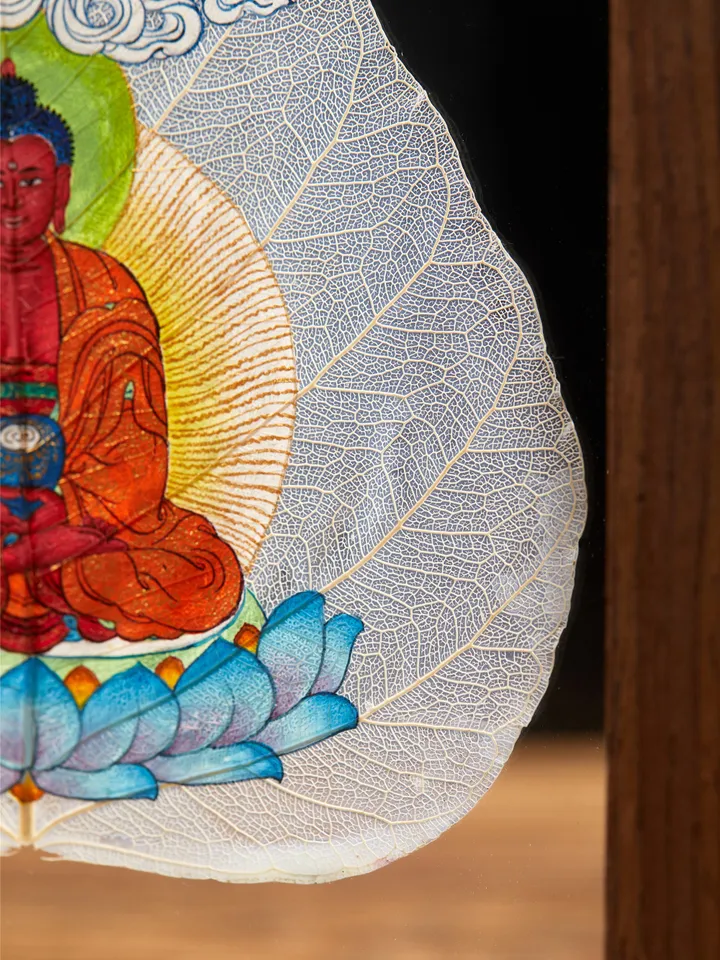 Gandhanra Handpainted Bodhi Leaf Thangka,Packed in Wooden Picture Frame,Painted with Natural Mineral Pigments,Amitabha Thangka