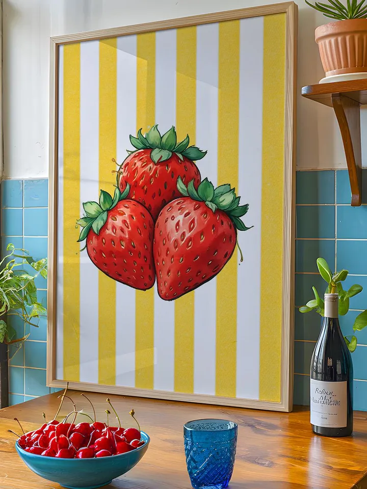 Strawberry Vintage Print, Strawberries Wall Art, Kitchen Trendy Poster, Farmhouse Kitchen Drawing, Retro Kitchen Decor, Fruit Wall Art