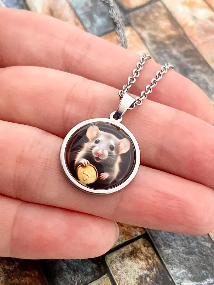 Rat with coin, steel pendant with glass, Mouse lover gift