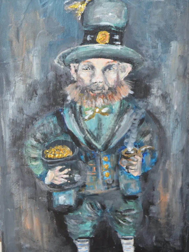 Leprechaun with a pot of gold original acrylic painting on canvas, good luck leprechaun,gift or home decoration, wall art,home decor.