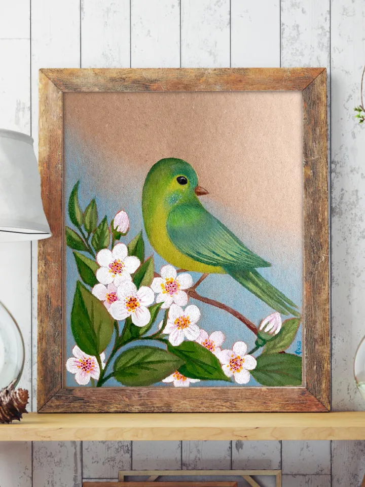 Green Bird in Bloom Painting with Colored Pencils and Acrylic Original Drawing/Painting on paper/Children's picture/Colored Pencils Bird Art