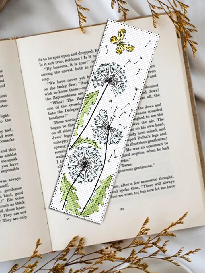 Dandelion bookmark cross stitch pattern download PDF Dandelion flowers cross stitch chart, Bookmark pattern digital, Floral backstitch #B413