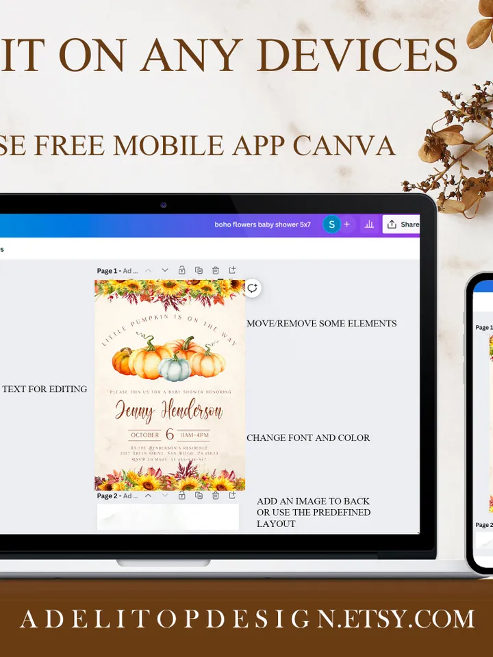 Little Pumpkin is on the way; Editable Autumn Pumpkin Baby Shower Invitation Template Canva; Fall 2022 Autumn Smartphone Digital Invitation