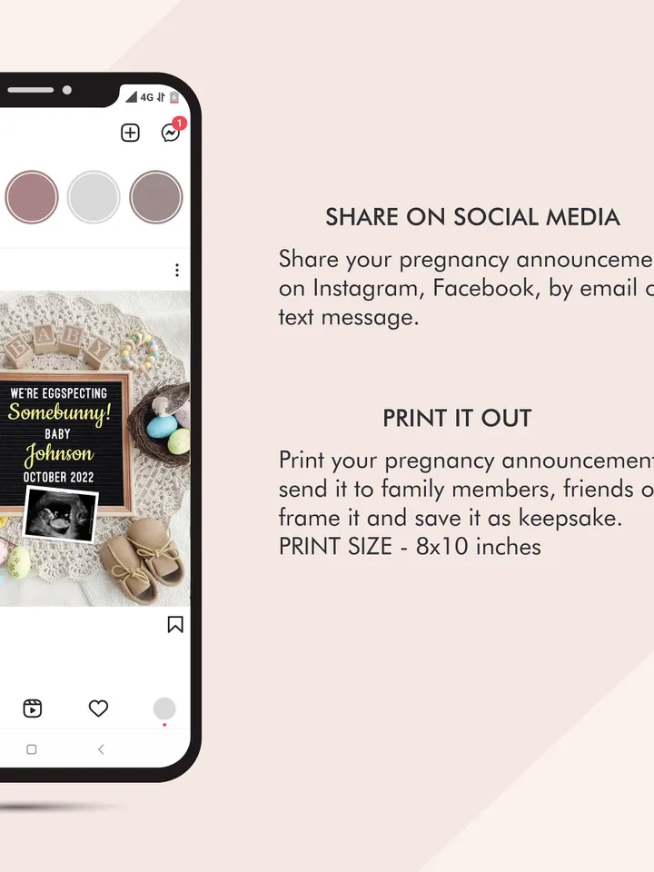 Digital Pregnancy Announcement Easter Baby Announcement for Social Media, Editable Template Digital File