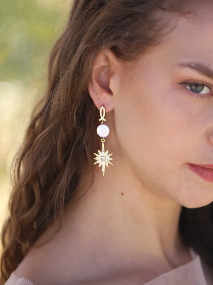 Natural Baroque Pearl Rose Gold Star Long Wedding Earrings, Art Deco Wedding Jewelry For Bride, 1920s Jewelry, Celestial Statement Earrings