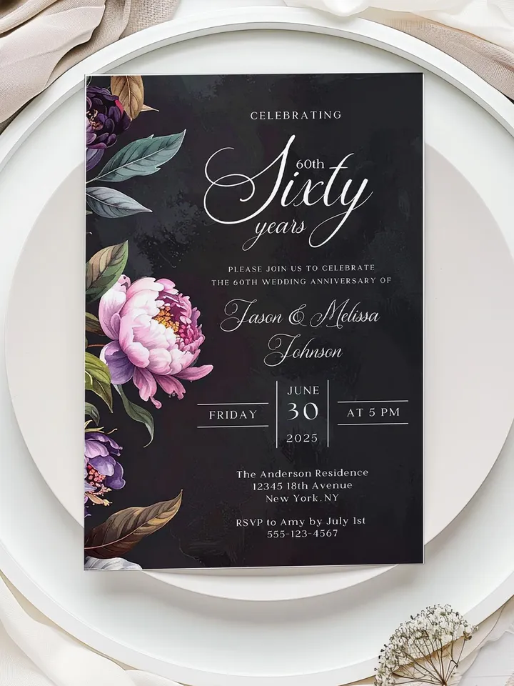 60th Anniversary Party Invitation, 50th, 40th, 30th, 20th, Moody Burgundy & Blush Peony Floral Canva Template 5x7 birthday evite