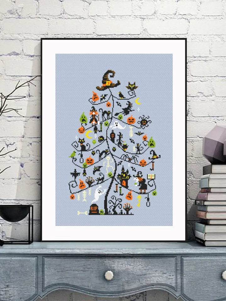 Halloween Christmas tree cross stitch pattern PDF download Witch cross stitch chart, Halloween pattern digital PDF Scary Christmas gift #H68
