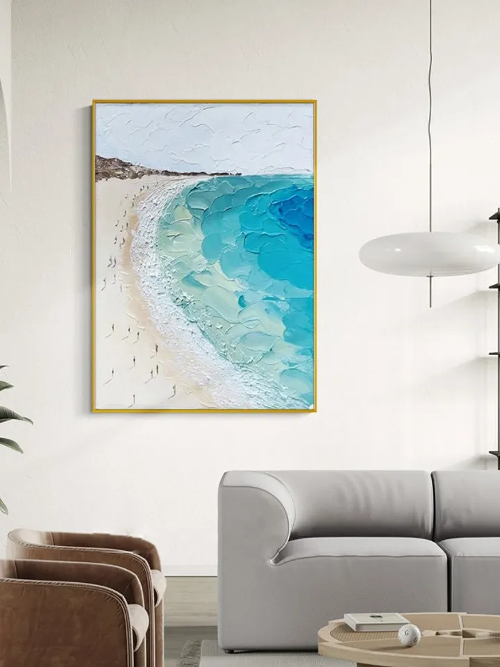Abstract Beach Canvas Painting,Large Original Sunshine Ocean Coast Seascape Oil Painting Wall Art, Modern Blue Beige Living Room Wall Decor