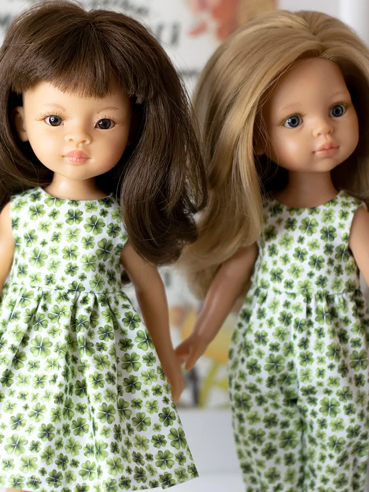 St Patrick's Day overall for dolls Paola Reina, Siblies Ruby Red, Little Darling, Minouche, 13 inch doll green clothes