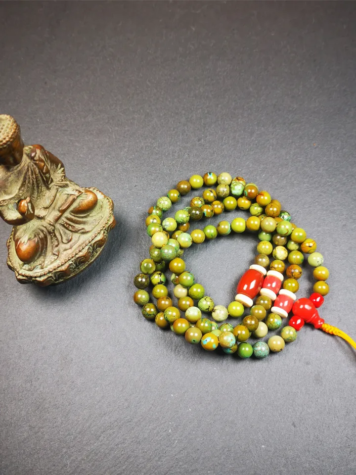 Gandhanra Old 108 Turquoise Beads Mala,Tibetan Prayer Beads for Meditation,Diameter 0.28", Circumference 32 inches