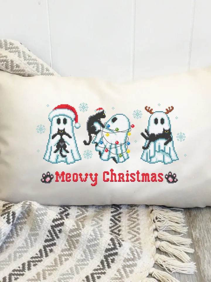 Christmas ghost with black cat cross stitch pattern PDF download Cute ghost cross stitch chart, Meowy Christmas pattern digital PDF #N152