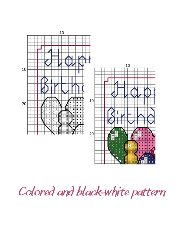 Set of 8 mini cross stitch patterns Happy Birthday, tiny cross stitch charts PDF