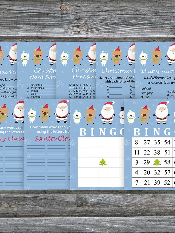 Christmas party games bundle,Printable Christmas Party Game Pack,Happy Santa claus Christmas Trivia Game Cards